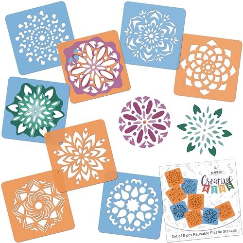 NAKLEO Pochoirs de Dessin pour Enfants 8 Pcs 15x15cm Mandales, Plastique et Réutilisable Créatif...