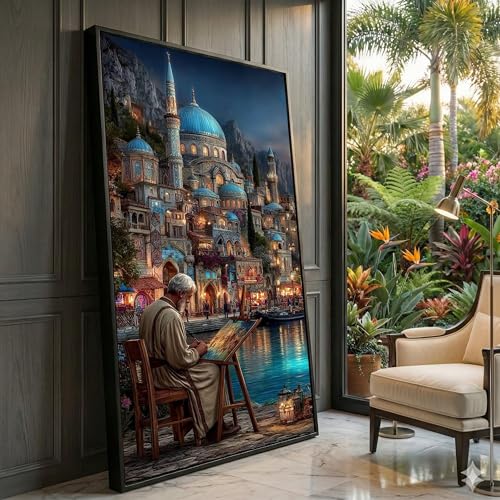 Toile paysage urbain médiéval décoration murale salon apaisante 50x90