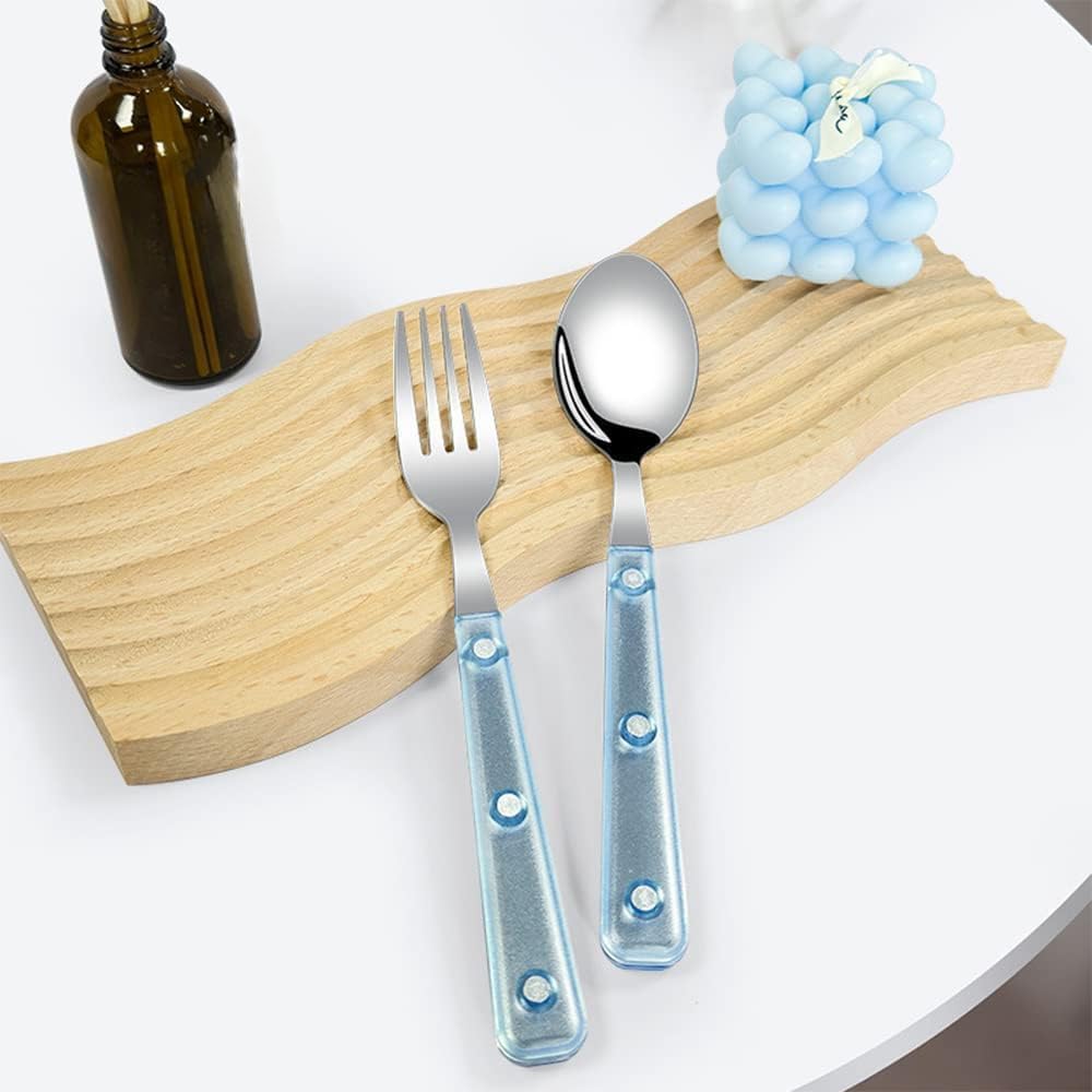 20 Piece Frosted Clear Handle Silverware Tableware Set for 4 People, 18/10 Stainless Steel Flatware Set, Steak Table Knife Fork Spoon Fruit Fork Tea Spoon Cutlery Sets (Green)