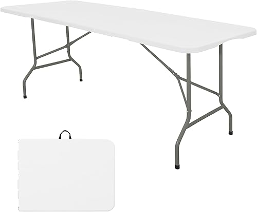 HAISIWLKJ Mesa plegable de 8 pies, mesa de camping portátil de plástico resistente, rectangular, mesa de comedor al aire libre, patas de acero