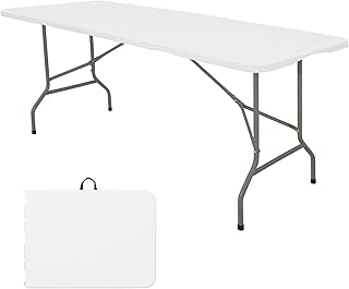 Folding Table 6 FT Lightweight Camping Table Portable Plastic Rectangular Outdoor Dining Table Steel Legs Fold-in-Half with Carrying Handle for Indoor,Picnic,Party,Wedding,Events(White)
