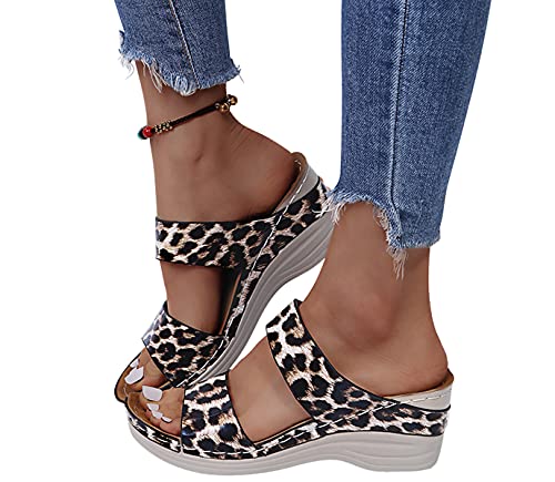 Onsoyours Sandales Compensees Femme Confortable Mules Été Plateforme Bout Ouvert Rome Chaussures Vintage Pantoufles pour Plage Vacances Slippers C Léopard...