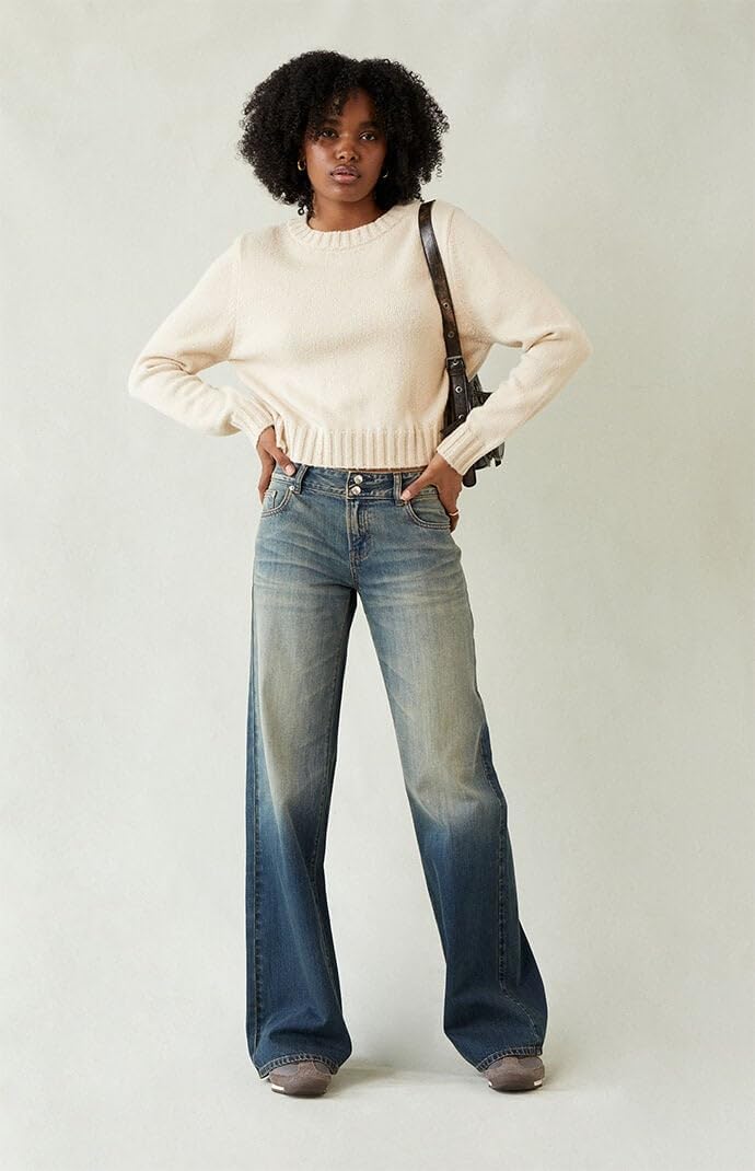 PacSun Women's Casey Low Rise Baggy Jeans Button Pocket Dark Blue Tinted