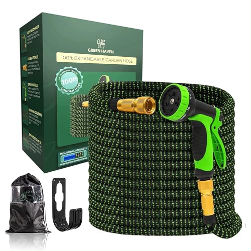Green Haven Expandable Garden Hose 100ft – Pro No-Kink Hose Pipe with 8 Spray Modes, Solid Brass Fittings & 3-Layer Latex Core – Leakproof & Lightweight for Home & Garden Use