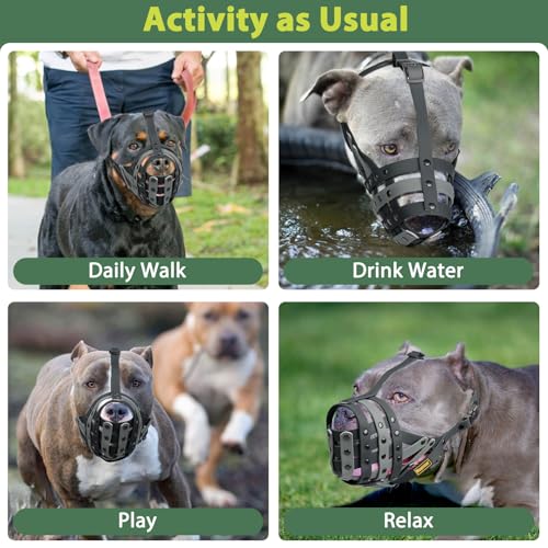 Image of Mayerzon Pitbull Dog Muzzle for Large Medium Dogs Prevent Biting Scavenging | Fits Rottweiler Amstaff Broad-nosed Breed, Sturdy Breathable Basket, Training Walking Use, Allows to Drink | Black Grey, M