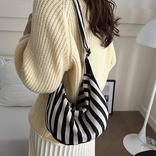 Striped Canvas Shoulder Bag for Women Large Capacity Casual Crossbody Bags Satchel Purse for Work and Everyday Use3