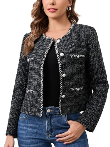 M.Infisavo Womens Tweed Cardigan Blazer Jacket, Cropped Long Sleeve Blazers with Pockets Crewneck Open Front Collarless