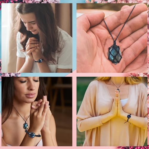 Quelay 2 Pcs Healing Crystal Necklace and Bracelet Natural Crystal Necklace Women Gift with Woven Rope and Card for Women Men3