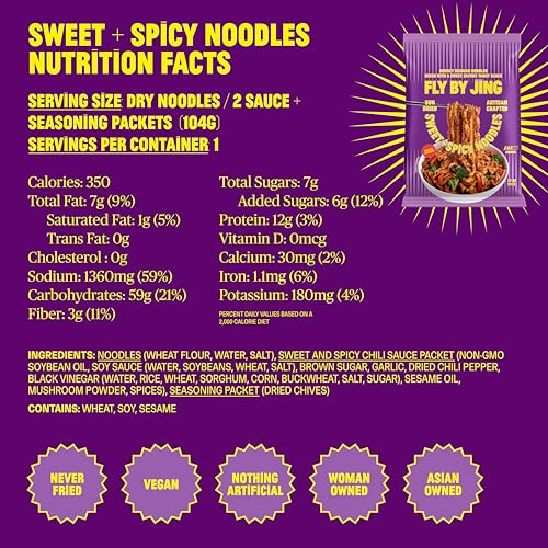 Image of FLYBYJING Sweet & Spicy Noodles - Sun-Dried Asian Instant Noodles with Sichuan Sweet & Spicy Zhong Sauce - Ready in 6 Minutes - Premium Non-Fried Vegan Noodle, 12g Protein, Non-GMO (Pack of 6)