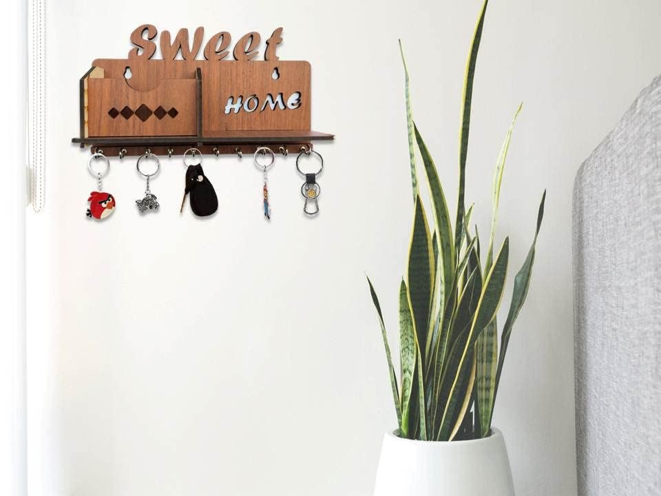 Image of Sweet Home MDF Wood Wall Mounted Design Family Key Holders for Wall Decor Wooden Stylish Hook Stand Key Organizer for Decor Home Office, Living Room, Hall, Kitchen Mobile Charge Stand