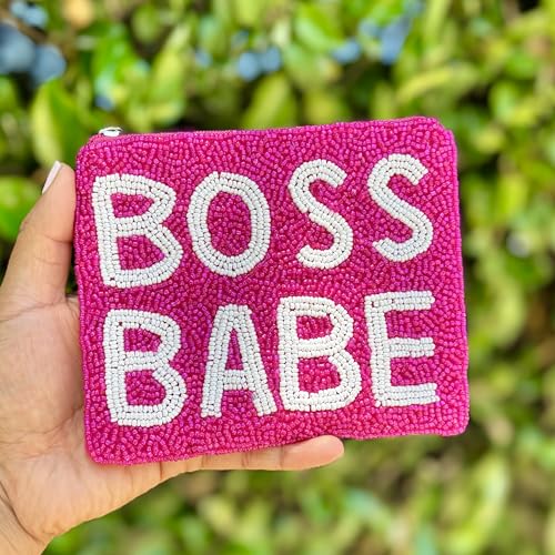 TWINE AND LOVE Boss Babe Beaded Pouch Purse, Pink Beaded Coin Purse, Coin Pouch Small Wallets Card Holder Bag, Boss Babe Card Case Wallet, Birthday Gift, CP04942