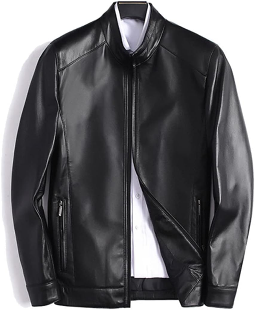 Veste en cuir homme de mouton véritable style rétro élégant col montant noir grande taille 5XL