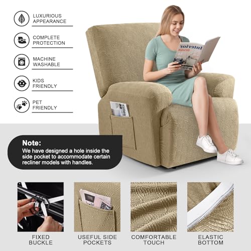 Image of Timeles Recliner Covers Extra Wide Recliner Chair Cover Reclining Sofa Slipcovers for Pet&Kid,Stretch Soft Washable (One-Seater Oversized, Khaki)