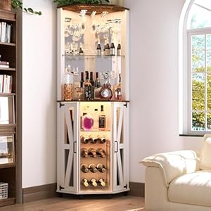 68.9“ Tall Corner Bar Cabinet, Wine Bar with LED Light and Mirror, Farmhouse Liquor Cabinet with Adjustable Shelf & Glass Rack, for Dining Room, Living Room