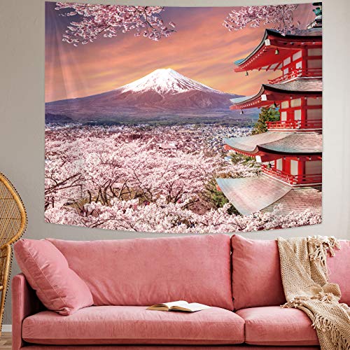 Japanische Wandbehang Wandteppich Asiatische Fuji Berg Tapisserie Japan Pagode Wanddekoration mit Kirschblüten Kunst Natur für Wohnzimmer Schlafzimmer Wanddekoration (59,1 x 51,2 Zoll)