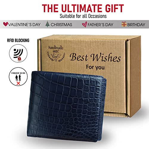Image of HATA Navy Blue Exotic Bifold Leather Wallet for Men, Double-Side Leather Wallet with RFID Blocking & ID Window Credit Card Holder, Handmade Gift for Birthday, Anniversary, Father's Day VIBE-44