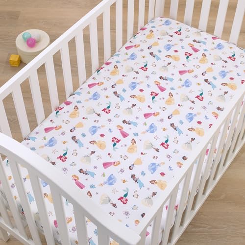 Image of Disney Princess Pink, Blue, Yellow, and White Super Soft Nursery Fitted Crib Sheet