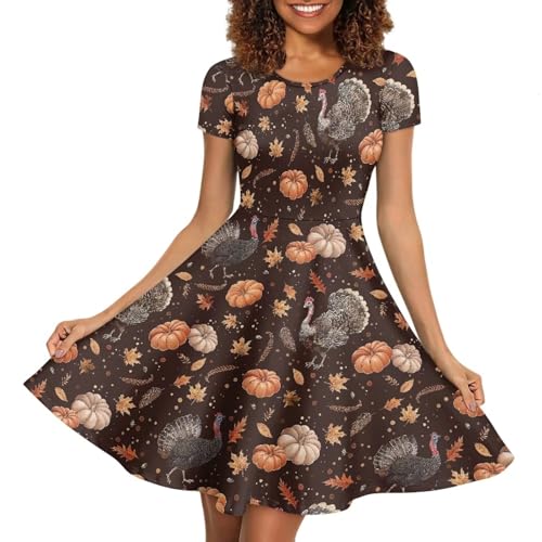 Image of HUGS IDEA Womens Puffy Swing Midi Dress Round Neck Short Sleeve Party A-Line Dresses