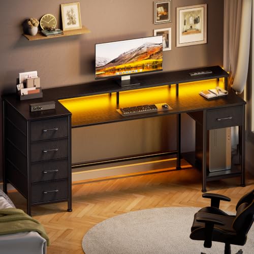 Image of Korfile 61 Inch Computer Gaming Desk with Power Outlets & LED Lights Reversible Home Office Desk with Adjustable 5 Fabric Storage Drawers for Working Writing Study, Black