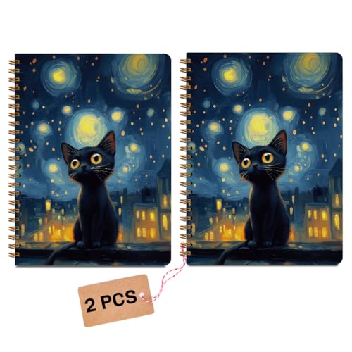 Image of 2Pcs Cat Notebook, Sky Cat College Ruled Spiral Notebook, 160 Pages Hardcover Notebooks Journals for Writing Travel Business Office, Christian Aesthetic Notebooks for Women