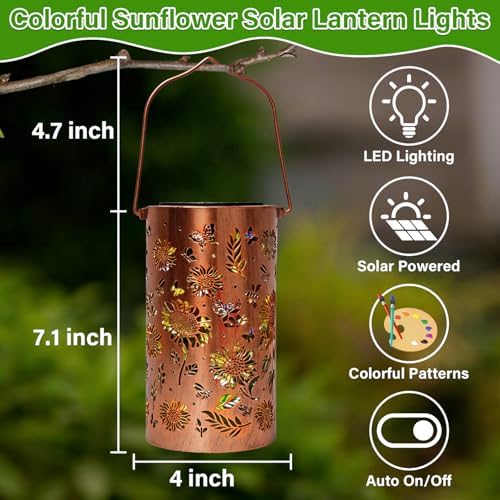 Colorful Solar Lanterns Outdoor Waterproof, Garden Decor Gifts for Women Mom Grandma - LED Colorful Sunflower Solar Powered Lights Metal Hanging Lantern for Outside Garden Patio Yard Lawn Porch Decor — view 3