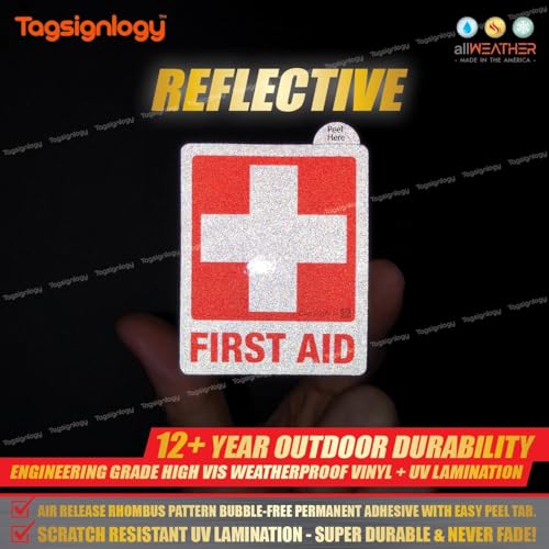 Image of [Reflective] First AID UV Weatherproof Vinyl Stickers (6 pcs) (2.50 x 2.00 inch) High Visibility Engineer Grade [12-Year Fade-Proof Guarantee] Medical Box Safety Kit Label Sign
