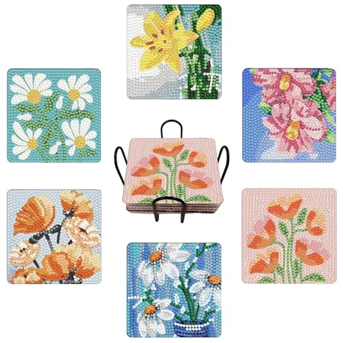 Bulerrylulu 6 Pcs Flower Diamond Painting Coasters Kits with Holder,Diamond Art Coasters Set for Drinks Coffee Table, Gem Painting kit for Beginners Adults DIY Art Craft Gifts Home Decors