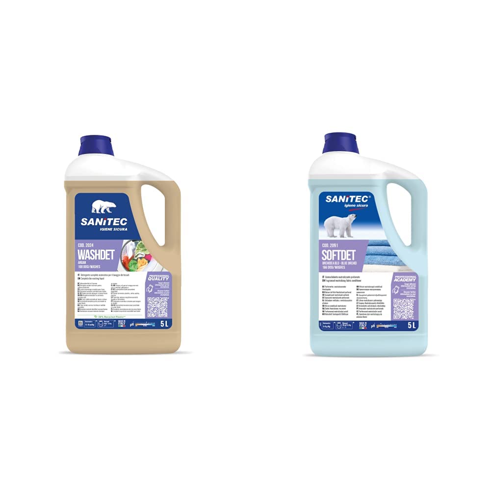 Washdet - Detergente Liquido per Bucato a Mano e in Lavatrice - Bianchi e Colorati - Argan - 5 kg & Softdet - Additivo Ammorbidente Profumato Igienizzante - 5 kg