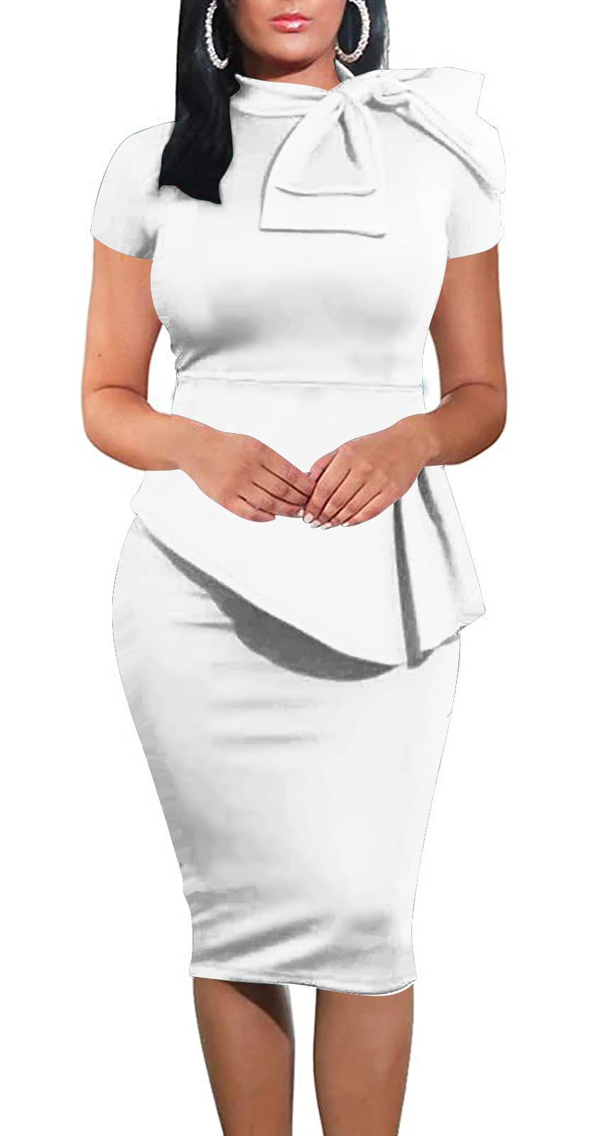 Pastel Ruched Women Peplum Tea Party Bow Maternity Formal Dress White S