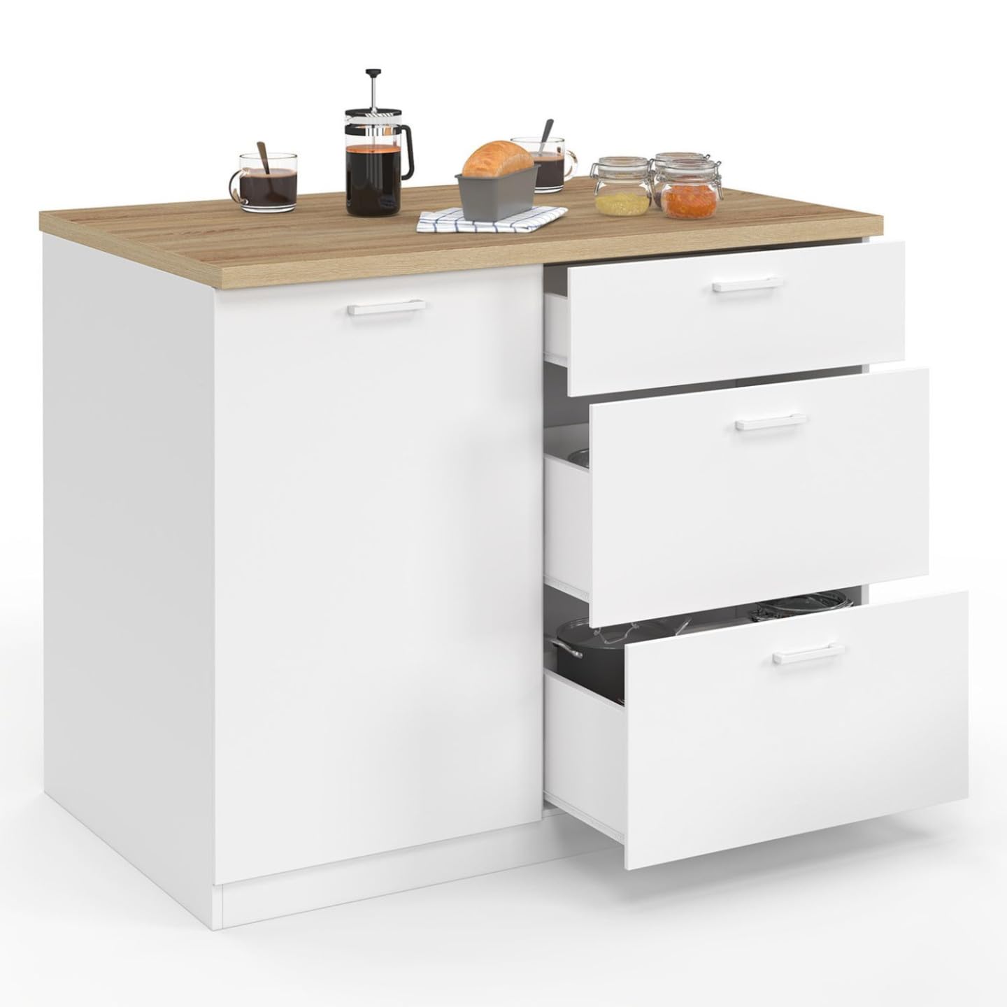 IDMarket - Ilot Central TIBO 110 cm casserolier 3 tiroirs Bois Blanc avec Plan de Travail façon hêtre