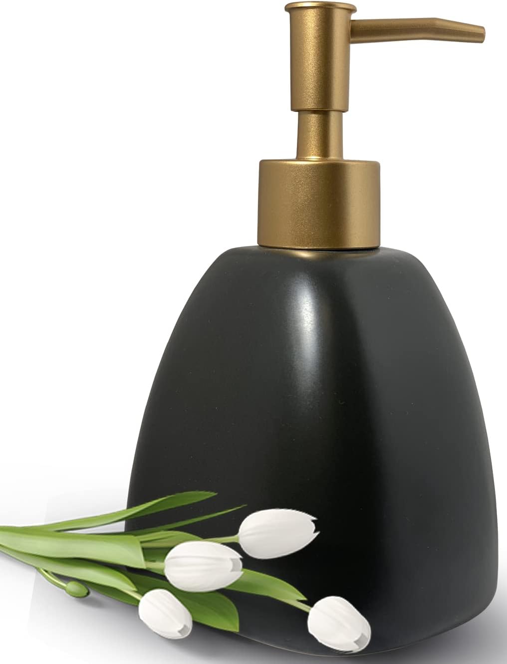 Liquid Soap Dispenser for Bathroom with Gold Pump，Dish Soap Dispenser for Kitchen Sink，Refillable Countertop Lotion Ceramics Black Hand Soap Dispenser for Shower 420ml (Cylindrical Black Bottle) : Home & Kitchen