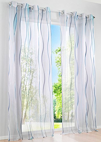 BAILEY JO 1 Panneau Rideau Voilage Transparent avec Impression Vague Bleu LxH/140x145CM Rideaux à Oeillets Décoration de Fenêtre Chambre/Salle de Bain/Balcon