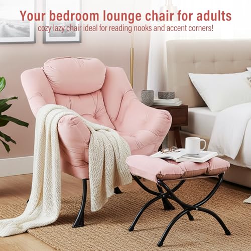 Furlide Lazy Chair with Ottoman, Modern Chair with Folding Footrest, Lounge Accent Chair, Comfortable Reading Chair, Oversized Armchairs for Bedroom, Study, Living Room, Courtyard (Pink) - view 2