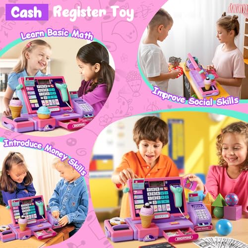 Image of Upgraded Kids Cash Register Toy for Boys Girls, Toddler Pretend Play Cashier Register with Shop Accessories, Calculator Cash Register with Scanner /Credit Card (Pink)