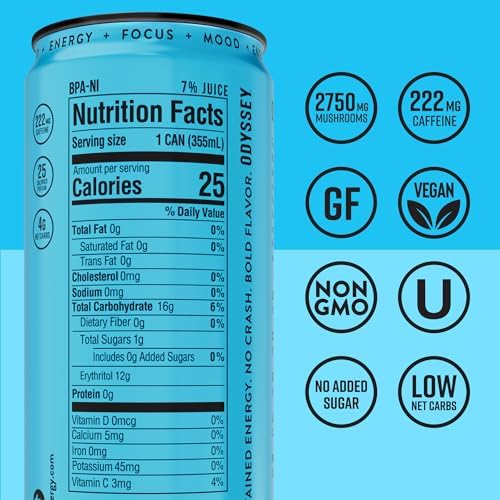 Image of Odyssey Functional Energy Drink, Blue Raspberry, 222mg Green Tea Caffeine, Clean Energy & Focus, Low Calorie, No Added Sugar, No Crash, Lion's Mane & Cordyceps, 12 Pack 12 Fl Oz