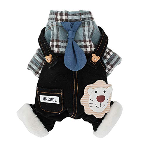 Tolacos ペット服犬用 冬犬服 猫 コスプレ 紳士蝶ネクタイドッグウエア デニム生地オーバーオール チェック柄 おしゃれ お出かけ秋服お祝い洋服 (S- 体重1.5KG-2.5KG)
