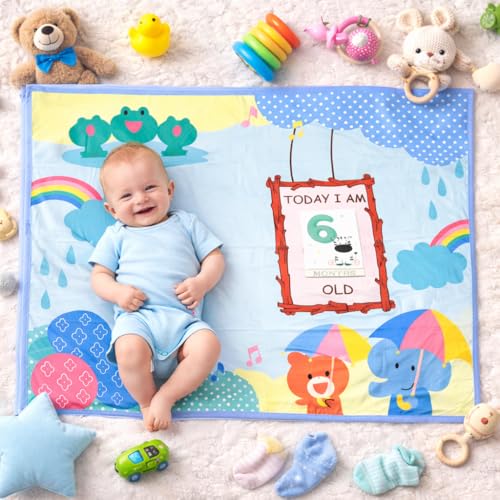 Image of Growth Keepsake Baby Blanket 51 * 43 Inch Monthly Age Marker Blanket for Newborns Cute Animal & Rainbow Printed Background Foldable Washable Play Mat for Infants