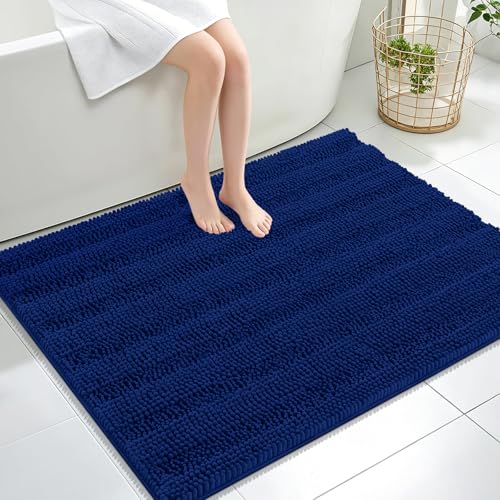 Image of OLANLY Thick Large Bathroom Rugs 40x32, Extra Soft Absorbent Chenille Striped Bath Rugs, Rubber Backing, Machine Wash Dry, Bath Mats for Bathroom Floor, Tub and Shower, Home Decor Accessories, Navy