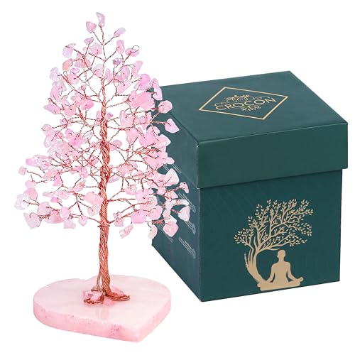 Image of Crocon Crystal Heart Base Tree of Life Gift for Women, Rose Quartz 7-8 inch | Healing Crystals Tree Brings Positive Energy, Good Luck, Money, Feng Shui Home & Office Desk Decor, for Mom & Wife Present