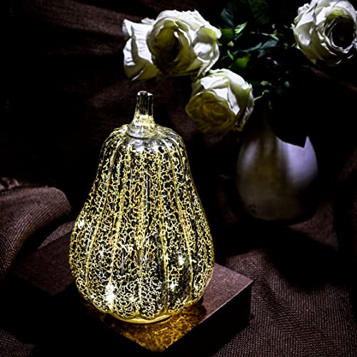 Image of Romingo Mercury Glass Pumpkin Light with Timer for Halloween Pumpkin Decorations Fall and Thanksgiving Decor,Silver, 8.7 inches