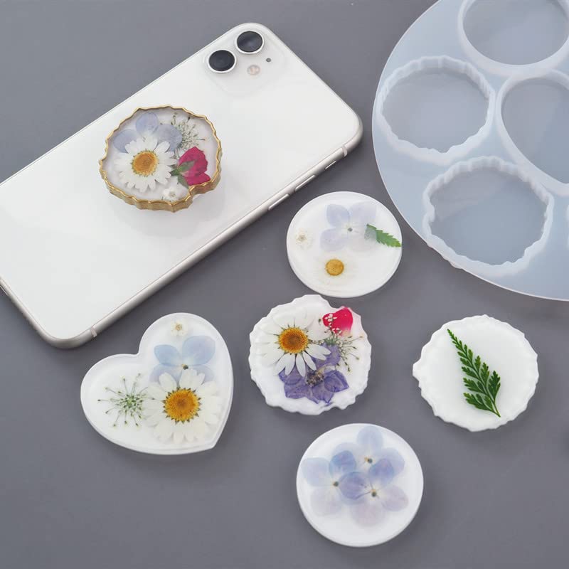 7-Cavity Irregular Phone Grip Resin Mold with 10 Pcs Phone Sockets for DIY Resin Crafts Jewelry Making