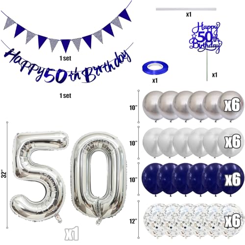 Image of 50th Birthday Decorations for Men Women, Blue Silver 50th Birthday Balloons, Blue Happy 50th Banner Cake Topper Number 50 Balloon for 50 Year Old Party Decoration
