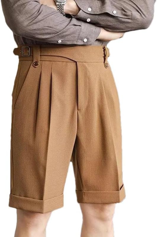 Mens Vintage High Waist Belt-Up Suit Shorts Summer Casual Solid Color Pleated Shorts