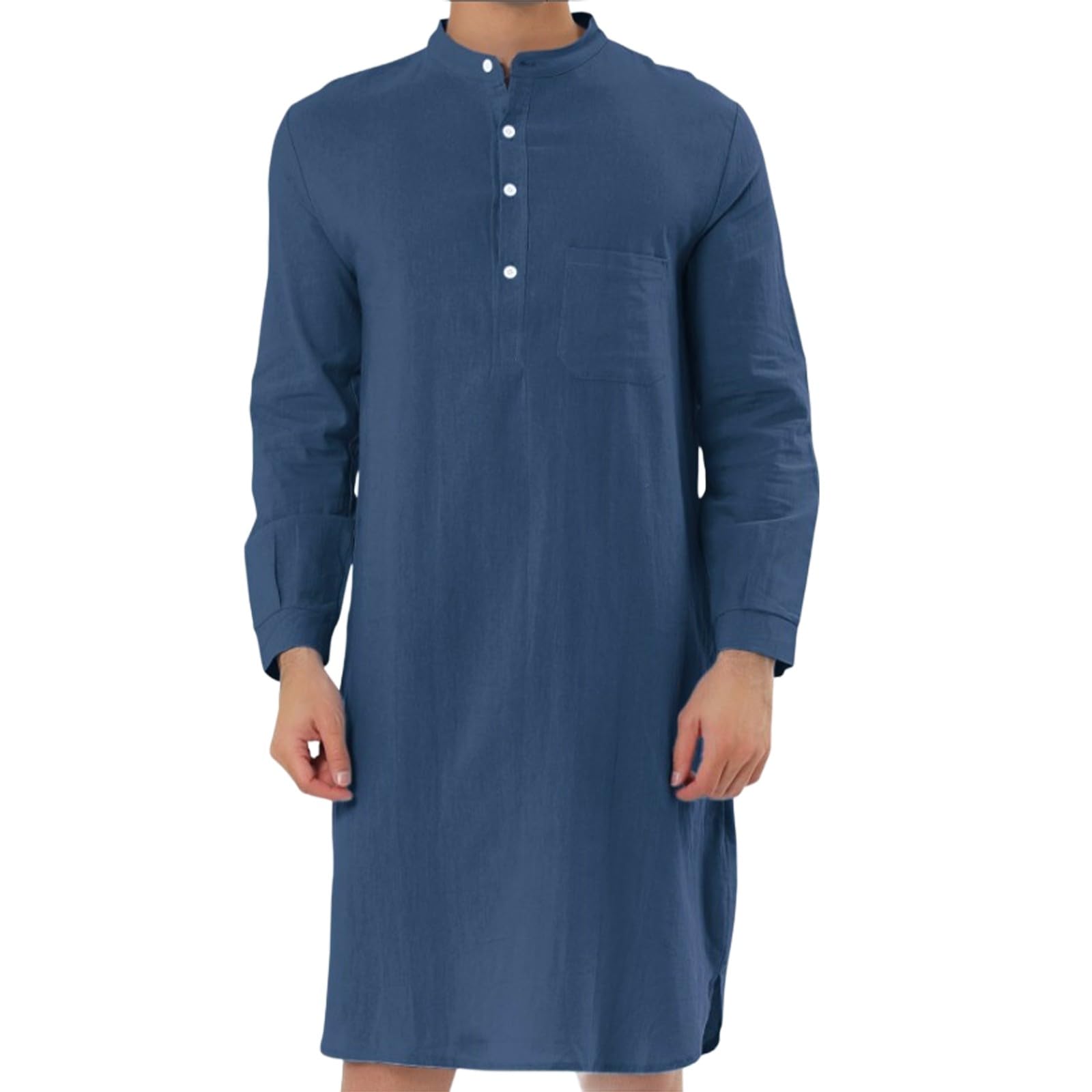 Herren-Nachthemd mit Knopfleiste, Baumwolle, langärmelig, Rundhalsausschnitt, knielang, atmungsaktiv, lockere Nachthemden mit Taschen, weiche Homewear Nachtwäsche