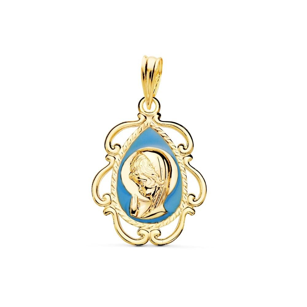 Virgen Niña Medalla en Oro de 18k para Primera Comunión 22mm. azul. Grabación incluida en el precio - Personalizable - GRABACIÓN INCLUIDA EN EL PRECIO