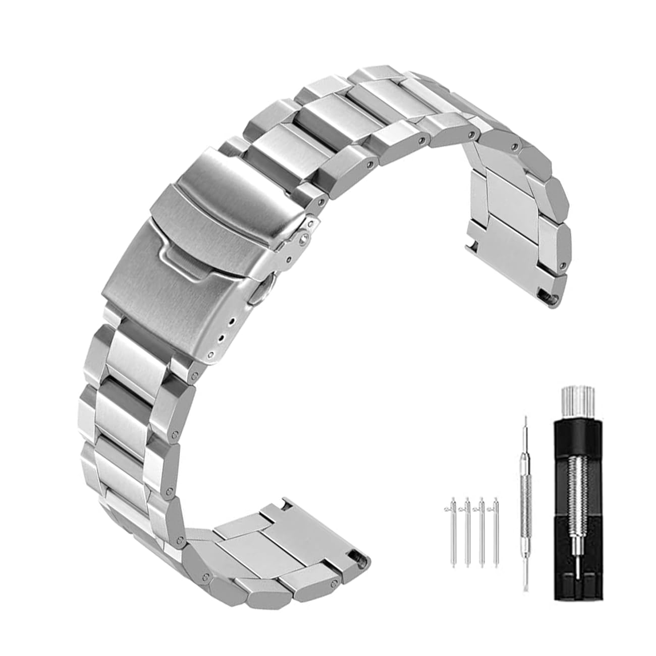 Stainless Steel Watch Band Brushed Finish Metal Watch Strap 18mm/20mm/22mm/24mm Double Buckle Bracelet Black Silver