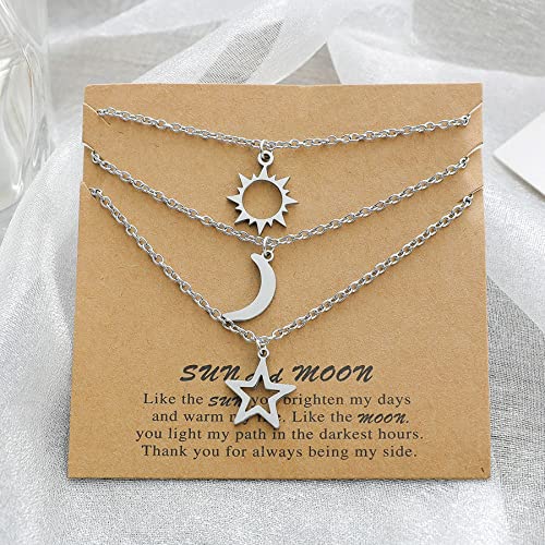 Image of COLORFUL BLING Stainless Steel Sun and Moon Star Necklace 3 Best Friend Friendship Sister Set for Women Mom Daughter BFF Jewelry Gifts