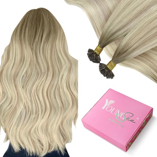 Image of YoungSee U Tip Hair Extensions Human Hair Ombre Blonde Ktip Human Hair Extensions Balayage Ash Blonde to Platinum Blond U Tip Real Hair Extension 24In Hot Fusion Hair Extension for Long Hair 50s /50g