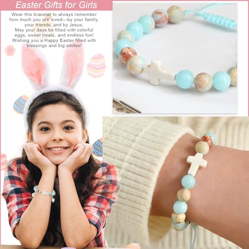 Image of Lamyba Easter Gifts for Kids /Teens /Girls, Christian Natural Stone Beaded Bracelets, Easter Basket Stuffers Essentials, Adjustable Cross Bracelets, Blue /Black