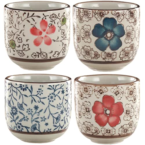 Sizikato 4pcs Porcelain Tea Cup, 4 Oz Sake Cup, Hand-Painted Flower Pattern